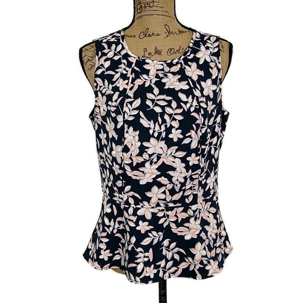 Banana Republic Peplum Top Women 8 Navy Blue Pink Floral Sleeveless Shell